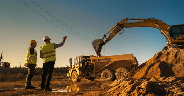 Excavator loading haul truck at golden hour