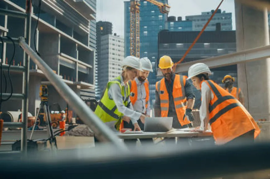 Construction team reviewing plans on site